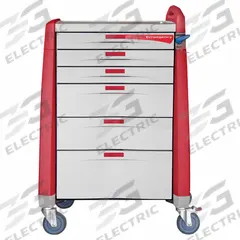 CAPSA HEALTHCARE Emergency Cart: Polymer, (1) Swivel with Brake/(3) Swivel, Red, 6 Drawers (MPN AM-EM-STD-RED). Key specifications — Material: Polymer; Brand: CAPSA HEALTHCARE; Caster/Wheel Configuration: (1) Swivel with Brake; Cabinet Color: Red.