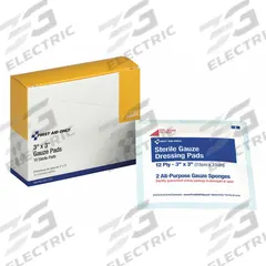 FIRST AID ONLY Gauze Pad: 3 in Dressing Lg, 3 in Dressing Wd, Gauze, Sterile, 10 PK (MPN 3-200). Key specifications — Water Resistance: Not Water Resistant; Self-Adhesion: Not Self-Adhering; Unitized: Unitized; Standards: ANSI Z308.1-2015; Manufacturer Part Number: 3-200; Package Type: Box; Product Type: Gauze Pad; Sterility: Sterile.