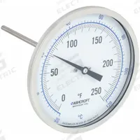 ASHCROFT Dial Thermometer: 0°F to 250°F /-20°C to 120°C, ±1% Accuracy, 6 in Stem Lg, 5 in Dial Dia (MPN 50EI60R). Key specifications — Accuracy: ±1 %; Brand: ASHCROFT.