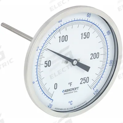 ASHCROFT Dial Thermometer: 0°F to 250°F /-20°C to 120°C, ±1% Accuracy, 6 in Stem Lg - Back-Mount Fixed-Angle Thread-Mount Dial Thermometers