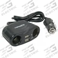 ROADPRO Power Adapter: Power Splitter and Charger, 2 Connections, 12 in Cord Lg, Black (MPN RP431USB). Key specifications — Color: Black; Includes: (2) Socket Adapters and Plugs; Product Type: Power Splitter and Charger; Compatible Devices: iPads; Brand: ROADPRO; Ports: 12V Auxiliary Port.