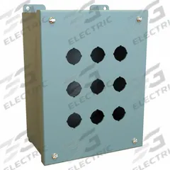 HAMMOND Push Button Enclosure: 22mm, 9 Holes, Carbon Steel, NEMA 12/13 (MPN MPB9). Key specifications — Brand: HAMMOND; Environments & Applications: Indoor Dust & Water Droplets.