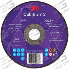 3M CUBITRON 3 Abrasive Cut-Off Wheel: Type 1, 5" x 0.045" x 7/8", Ceramic, 36 Grit (MPN 90037). Key specifications — Brand: 3M CUBITRON 3.