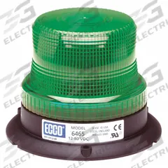 ECCO Beacon Light: Flashing Beacon, Green, 3 7/8 in Overall Ht, LED, 12-80V DC (MPN 6465G). Key specifications — Operating Voltage: 12-80V DC; Number of Flash Patterns: 80 FPMx8; Includes: Mounting Hardware; Electrical Connection: Blunt Cut Wires; Mount Type: Bolt; Brand: ECCO; Shape: Round; Lighting SAE Class Rating: SAE Class 3.