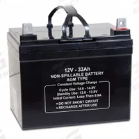 APPROVED VENDOR Sealed Lead Acid Battery: 12V DC, 33 Ah Capacity, 6.1 in Ht, 7.72 in Wd, 5.16 in Dp (MPN 47024). Key specifications — Terminal Connection: Tab with 0.197 in Bolt Hole; Battery Cycle Type: Dual Purpose; Brand: APPROVED VENDOR; Housing Material: ABS.