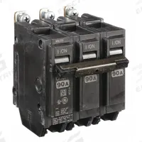 GE Miniature Circuit Breaker: THQB, 90 A, 120/240V AC, Three Phase, 10kA at 120/240V AC, Std (MPN THQB32090). Key specifications — attr195972: 90 A; attr195973: 120/240V AC; attr195974: Three; attr195975: 10kA at 120/240V AC; attr195976: Lighting Panels.