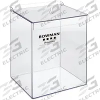 BOWMAN DISPENSERS Face Mask Dispenser: PETG Plastic, Clear, 9 in H x 6 3/4 in W x 6 in D, Wall (MPN FP-017). Key specifications — Material: PETG Plastic; Color: Clear; Dimensions: 9 in H x 6-3/4 in W x 6 in D; Mounting Location: Wall; Capacity: 1 Pack of Eye Shields; Brand: BOWMAN DISPENSERS.