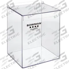 BOWMAN DISPENSERS Face Mask Dispenser: PETG Plastic, Clear, 9 in H x 6 3/4 in W x 6 in D, Wall (MPN FP-017). Key specifications — Material: PETG Plastic; Color: Clear; Dimensions: 9 in H x 6-3/4 in W x 6 in D; Mounting Location: Wall; Capacity: 1 Pack of Eye Shields; Brand: BOWMAN DISPENSERS.