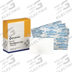 FIRST AID ONLY Non-Adherent Pad: 3 in Dressing Lg, 2 in Dressing Wd, Cotton, Sterile, 10 PK (MPN 3-601). Key specifications — Water Resistance: Not Water Resistant; Self-Adhesion: Not Self-Adhering; Unitized: Unitized; Standards: ANSI/ISEA Z308.1-2015; Manufacturer Part Number: 3-601; Package Type: Box; Product Type: Non-Adherent Pad; Sterility: Sterile.