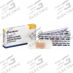 FIRST AID ONLY Adhesive Bandage: Strip Bandages, 1 in Wd, 3 in Lg, Not Metal Detectable, Plastic (MPN 90995). Key specifications — Product Type: Strip Bandages; Unitized: Unitized; Water Resistance: Waterproof; Brand: FIRST AID ONLY; Latex Content: Latex Free; Metal Detectable: Not Metal Detectable; Package Type: Box; Manufacturer Part Number: 90995.