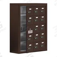 SALSBURY INDUSTRIES Cell Phone Locker: 24 in x 9 1/4 in x 31 in, 5 Tiers, 3 Units Wide, 14 Lockers (MPN 19158-15ZSC). Key specifications — Mounting Style: Surface; Brand: SALSBURY INDUSTRIES; Handle Type: None; Locker Color: Bronze; Locker Material: Aluminum; Frame Assembled: Assembled; Lock Type: Combination.