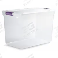 HOMZ Storage Tote: 28 gal, 28 3/4 in x 16 in x 18 1/4 in, Clear Body, Clear Lid, Not NSF Certified (MPN 3450GRPRCL.06). Key specifications — attr1188666: Plastic; attr1188671: Rounded; attr1188675: Clear; attr1188676: Clear; attr1188687: HOMZ; attr1188688: Not NSF Certified; attr1188689: Nesting Capable.