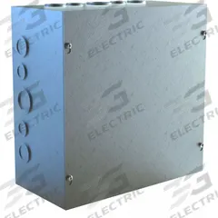 HAMMOND Junction Box: Galvanized Steel, 16 in x 16 in x 8 in, NEMA 1, Solid Cover, Screw On (MPN CSKOG16168). Key specifications — Brand: HAMMOND; Closure Method: Screws; Knockouts: Included.