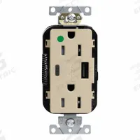 USB Receptacle: Decorator Duplex, 5-15R, USB Type A/C, Ivory, 125V AC, 15 A (MPN M56AC-HGI). Key specifications — Brand: LEVITON.