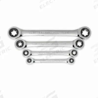 GEARWRENCH Box End Wrench Set: Alloy Steel, Chrome, 4 Tools, E6 to E24 Range of Head Sizes - SAE, Double End, 6-Point, Ratcheting Box End Wrench Sets