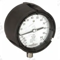 ASHCROFT Process Compound Gauge: 0 psi to 100 psi, White, 4 1/2 in Dial, 1/2 in NPT Male, Bottom (MPN 451259SD04LV/100#). Key specifications — Brand: ASHCROFT; Pointer Color: Black; Accuracy: ±0.5%; Dial Color: White; Gauge Wetted Parts: Stainless Steel; Case Material: PBT; Vibration Resistance Properties: None; Pressure Range: 0 psi to 100 psi.