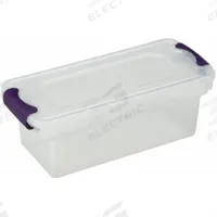 HOMZ Storage Tote: 1.8 gal, 16 1/4 in x 7 in x 6 1/8 in, Clear Body, Clear Lid, Not NSF Certified (MPN 3410GRPRCL.10). Key specifications — attr1188666: Plastic; attr1188671: Rounded; attr1188675: Clear; attr1188676: Clear; attr1188687: HOMZ; attr1188688: Not NSF Certified; attr1188689: Nesting Capable.