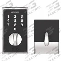 SCHLAGE RESIDENTIAL Electronic Keyless Lock: 1 3/4 in Door Thick - Max, Push Button, Chrome (MPN BE375 CEN 625). Key specifications — Power Source: 9V Battery.