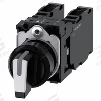 SIEMENS Selector Switch: 22 mm Panel Mounting Size, 3 Positions, Short Lever, 2NO/2NC, Non-Metallic (MPN 3SU1100-2BM60-1LA0). Key specifications — AC Contact Rating: 10 A @ 600 V; Action: Momentary/Momentary/Momentary; Cam: No Cam Included; DC Contact Rating: 1 A @ 600 V; Hazardous Location Specification: Not Rated; Operator Head Material: Plastic; Operator Head Type: Short-Handled Knob; Operator Illumination: Illuminated.