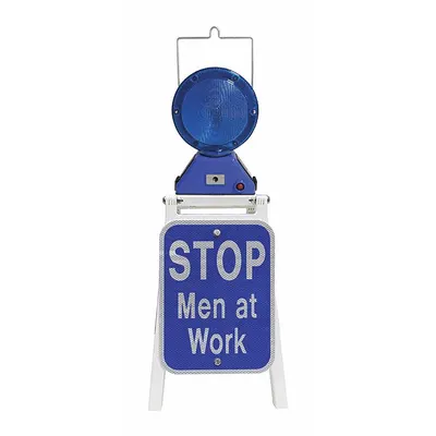 LED Stop Sign: 12 in Ht, High Intensity Prismatic (HIP), Blue, Aluminum - Stop Men at Work Railroad Flag Signs with Lights