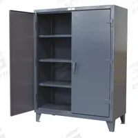 STRONG HOLD Storage Cabinet: 48 in x 24 in x 78 in, Swing Handle & Padlock Hasp, 12 ga Panel Thick (MPN 46-244). Key specifications — attr62698: Dark Gray; attr62736: Welded; attr87895: Legs; attr62693: Assembled; attr62737: Stationary; attr62694: Adjustable; attr62695: Baked Enamel; attr62696: Steel.