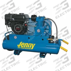 JENNY Portable Gas Air Compressor: 1 Stage, 6.5 hp Engine, Honda, 11.6 cfm @ 90 psi, 8 gal Air Tank (MPN K5HGA-8P). Key specifications — attr50858: Honda; attr50844: JENNY.
