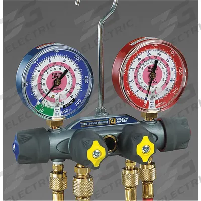 YELLOW JACKET Manifold Gauge: 4 Valves, 0 Hoses, Series Titan - Analog Manifolds