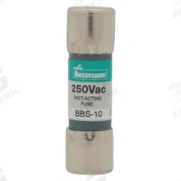 BUSSMANN Fuse: BBS Series, Midget, Fast-Acting, 10 A, 250 V AC, 13/32 in x 1 3/8 in, Non-Indicating (MPN BBS-10). Key specifications — attr1287209: BBS; attr211192: BUSSMANN.