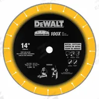 DEWALT Diamond Saw Blade: Ferrous Metals, 14 in Blade Dia., 1 in Arbor Size, Dry, For Chop Saw, Good (MPN DW8500). Key specifications — attr1097734: Dry; attr1097738: Chop Saw; attr1097751: DEWALT.