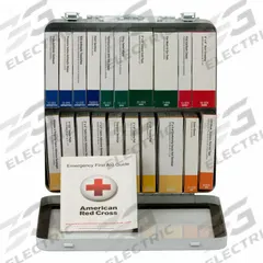 FIRST AID ONLY First Aid Kit and Housing: 129 Components, ANSI/ISEA Z308.1-2015, Type III, Class A (MPN 90600). Key specifications — ANSI Standard Met: ANSI/ISEA Z308.1-2015; Adhesive Bandages Included: (4) Knuckle Bandages; Oral and Inhalant Medicinals Included: No Oral/Inhalant Medicinals; Topical Medicinals Included: (10) BZK Wipes; Wound Dressings Included: Cold Pack; Unitized: Unitized.