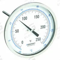 ASHCROFT Dial Thermometer: 0°F to 250°F /-20°C to 120°C, ±1% Accuracy, 2.5 in Stem Lg, 5 in Dial Dia (MPN 50EI60E). Key specifications — Accuracy: ±1 %; Brand: ASHCROFT.