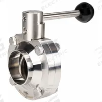DIXON Butterfly Valve: 4 in Pipe Size, Solder, 85 psi Max. Pressure (CWP), 316L Stainless Steel, 4 (MPN B5107E400BB-A). Key specifications — Average Surface Roughness (Ra): ≤ 32 micron; Brand: DIXON; Stop Positions: 4; Handle Type: Lever; Body Material: 316L SS; Disc Material: 316L SS.