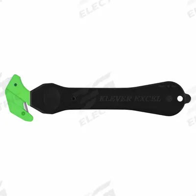 KLEVER Safety Cutter: 7 in Overall Lg, Straight Handle, Plain, Steel, Black/Green - Disposable Single-Hook Safety Cutters