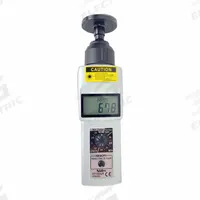NIDEC-SHIMPO Tachometer: +/-0.006% RPM Accuracy, 1 RPM, 25,000 RPM Max Contact RPM, Included, NIST (MPN DT-205LR). Key specifications — Includes: Funnel Adapter; Brand: NIDEC-SHIMPO; Digital Display Screen Type: LCD; RPM Accuracy: +/-0.006%; RPM Resolution: 1 RPM; Calibration Certificate: Included.