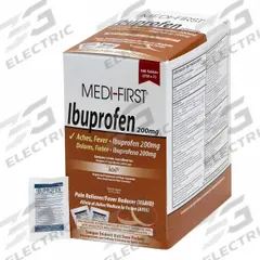 MEDI-FIRST Pain Relief: Ibuprofen, 200 mg, 250 Individual Doses, Tablet (MPN 80813). Key specifications — Purpose: Pain Relief; Strength: Regular Strength; Manufacturer Part Number: 80813; Brand: MEDI-FIRST; Flavor: Unflavored; Dose Package Type: Packets; Exterior Package Type: Box; Format: Tablet.