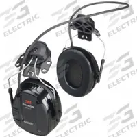3M PELTOR Electronic Ear Muffs: Hard Hat-Mounted Earmuff, 19 dB NRR, 3.5mm Stereo, Listen, Black (MPN MT13H220P3E). Key specifications — Cup Color: Black; Intrinsically Safe: No; Connection Type: 3.5mm Stereo; Compatible with Series: Slotted Front-Brim Hard Hats; Two-Way Radio Communication Type - MERCH: Listen Only; Brand: 3M PELTOR; Foldable: No; Compatible Hard Hats: Slotted Front-Brim Hard Hats.