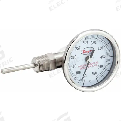 Dwyer Dial Thermometer: 50°F to 500°F, ±2%Full Scale Accuracy, 6 in Stem Lg - Side- & Bottom-Mount Fixed-Angle Thread-Mount Dial Thermometers