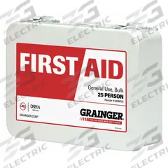 FIRST AID ONLY First Aid Kit and Housing: Gen Purpose, 25 People Served, 132 Components, Metal (MPN 59384). Key specifications — Adhesive Bandages Included: (2) Butterfly Wound Closures; Application: General Purpose; Brand: FIRST AID ONLY; Housing Color: White; Housing Material: Metal; Includes Oral or Inhalant Medication: No Medication Included; Mountable: Portable; Oral and Inhalant Medicinals Included: No Oral/Inhalant Medicinals.