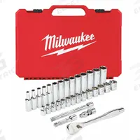 MILWAUKEE Socket Wrench Set: 3/8 in Drive, 32 Piece, 6-Point, Metric, 6 mm to 19 mm (MPN 48-22-9508). Key specifications — attr1224269: 3/8 in; attr1204638: Drive Tools Included; attr1204650: 6 mm to 19 mm; attr1204673: Socket Bits Not Included; attr1204681: Wrenches Not Included; attr1204688: MILWAUKEE; attr1224230: Friction; attr1206170: Deep Sockets.