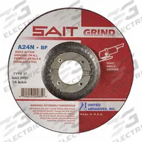 SAIT Depressed Center Grinding Wheel: Type 27, 4 1/2" x 3/16" x 7/8", Aluminum Oxide, 24 Grit, A24N (MPN 20050). Key specifications — Series: A24N; Brand: UNITED ABRASIVES-SAIT.
