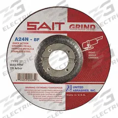 SAIT Depressed Center Grinding Wheel: Type 27, 4 1/2" x 3/16" x 7/8", Aluminum Oxide, 24 Grit, A24N (MPN 20050). Key specifications — Series: A24N; Brand: UNITED ABRASIVES-SAIT.