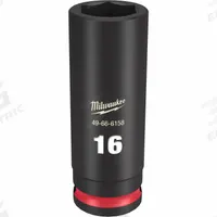 MILWAUKEE Deep Impact Socket: 3/8 in Drive Size, Metric, 16 mm Socket Size, 6-Point, Deep, Friction (MPN 49-66-6158). Key specifications — attr1215501: MILWAUKEE; attr1215515: Black Phosphate; attr1215518: 16 mm.