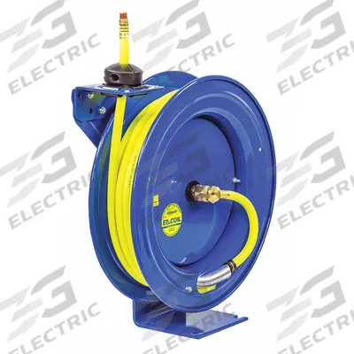 COXREELS Spring Return Hose Reel: 25 ft (3/8 in I.D.), 3/8 in MNPT, 300 psi Max Op Pressure - High-Visibility Controlled-Retraction Air or Water Spring-Return Hose Reels