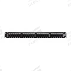 MONOPRICE Patch Panel: Flat, 2 Rack Units, 24 Ports, 5e, 110 IDC, Steel, 1 3/8 in Overall Ht, 7255. Key specifications — Brand: MONOPRICE; Compatible Cable Performance Category: 5e; Material: Steel; _Port Labeling: Front & Rear Numbered; _Rear Termination: 110 IDC; _Shielded: Unshielded.