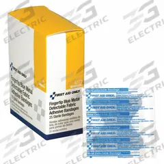 FIRST AID ONLY Adhesive Bandage: Fingertip Bandages, 1 3/4 in Wd, 2 in Lg, Metal Detectable, Fabric (MPN G173). Key specifications — Product Type: Fingertip Bandages; Unitized: Unitized; Water Resistance: Not Water Resistant; Brand: FIRST AID ONLY; Latex Content: Latex Free; Metal Detectable: Metal Detectable; Package Type: Box; Manufacturer Part Number: G173.