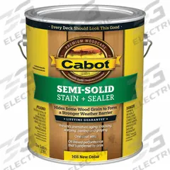 CABOT Wood Stain: Wood Stain and Sealer, Exterior, Oil, 1 gal Container Size, Wood, Flat, New Cedar (MPN 140.0001416.007). Key specifications — Brand: CABOT; Transparency: Semi-Solid; Use Location: Exterior; Sheen: Flat; Sub-Brand: Semi-Solid Low VOC; Color: New Cedar.
