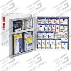 FIRST AID ONLY First Aid Kit and Housing: 290 Components, ANSI/ISEA Z308.1-2021, Type I/II, Class A (MPN 746005-021). Key specifications — ANSI Standard Met: ANSI/ISEA Z308.1-2021; Adhesive Bandages Included: (50) Metal Detectable Bandages; Oral and Inhalant Medicinals Included: No Oral/Inhalant Medicinals; Topical Medicinals Included: (10) Hand Sanitizer Packets; Wound Dressings Included: Burn Dressing; Unitized: Unitized.