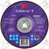 3M CUBITRON 3 Cut-Off and Grinding Wheel: Type 27, 6" x 1/8" x 5/8"-11, Ceramic, 36 Grit (MPN 88991). Key specifications — Brand: 3M CUBITRON 3.