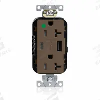USB Receptacle: Decorator Duplex, 5-20R, 2 USB Ports, USB Type A/C, Brown, 125V AC, 20 A (MPN M58AC-HG). Key specifications — Brand: LEVITON.