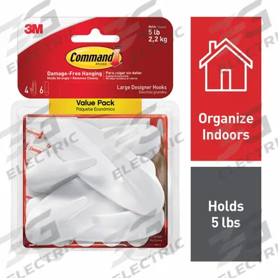 COMMAND Hook Set: 5 lb Wt Capacity, 1 Points per Hook, White, 4 1/8 in Overall Ht - Adhesive-Backed Utility Hooks